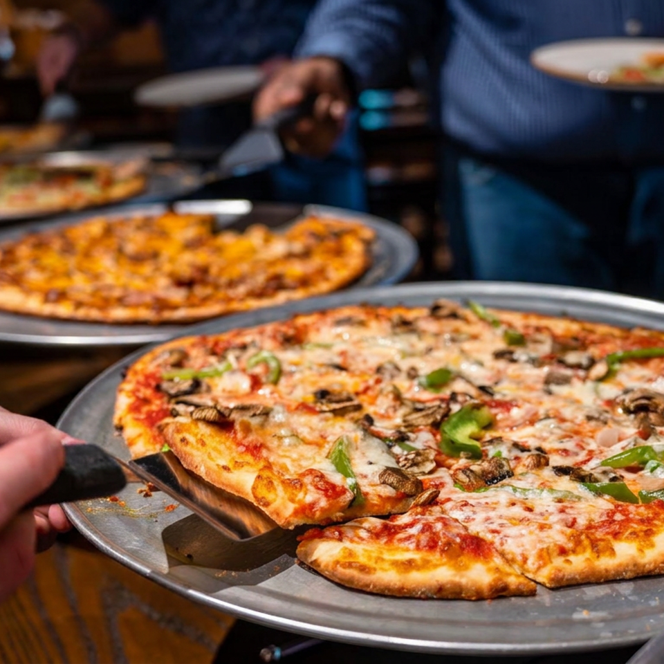 Freshly baked pizzas with mushrooms and green peppers are served on metal trays as a person lifts a slice.