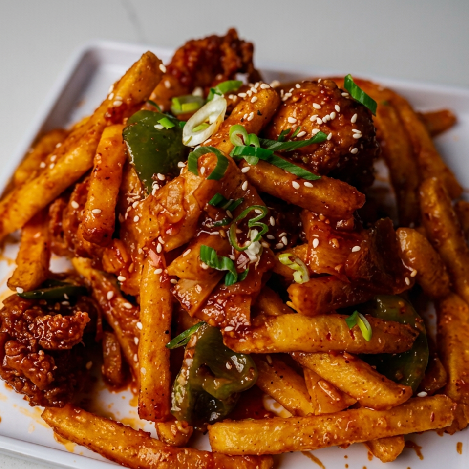 Crispy fries and fried chicken coated in spicy sauce, topped with sesame seeds, scallions, and green peppers on a white plate.