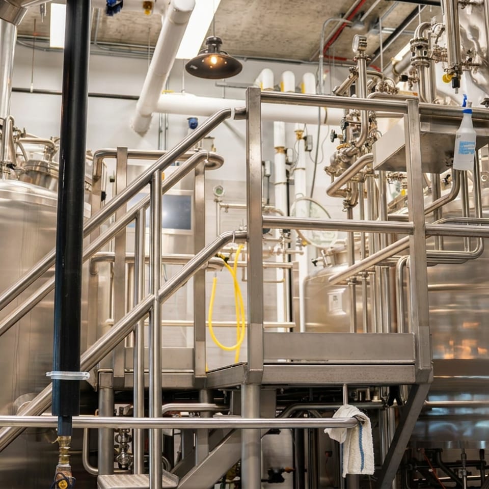 Stainless steel brewing tanks, pipes, valves, and elevated walkways fill a bright commercial brewery interior.