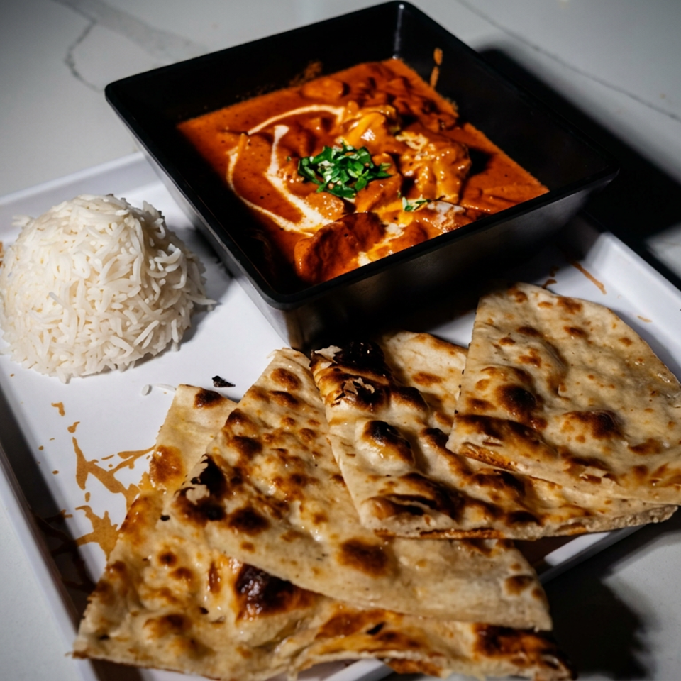 Indian butter chicken with rice and naan bread served on a white rectangular plate.