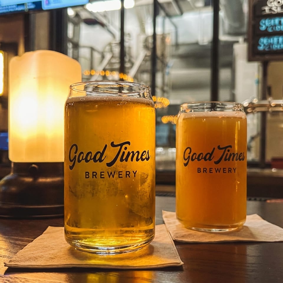 Two golden beers in Good Times Brewery glasses sit on napkins at a warmly lit bar beside beer taps.